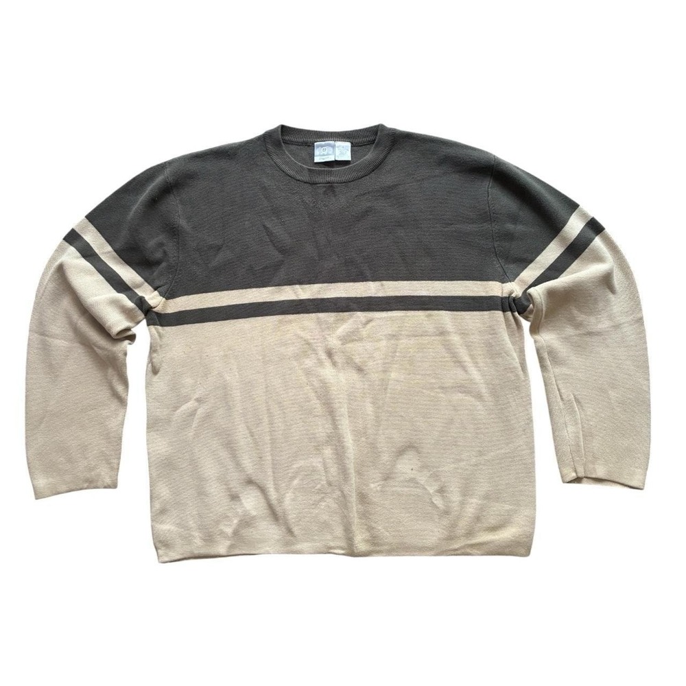 Vintage Utility Crewneck Sweater Mens Large Green Tan Striped Cotton Australia